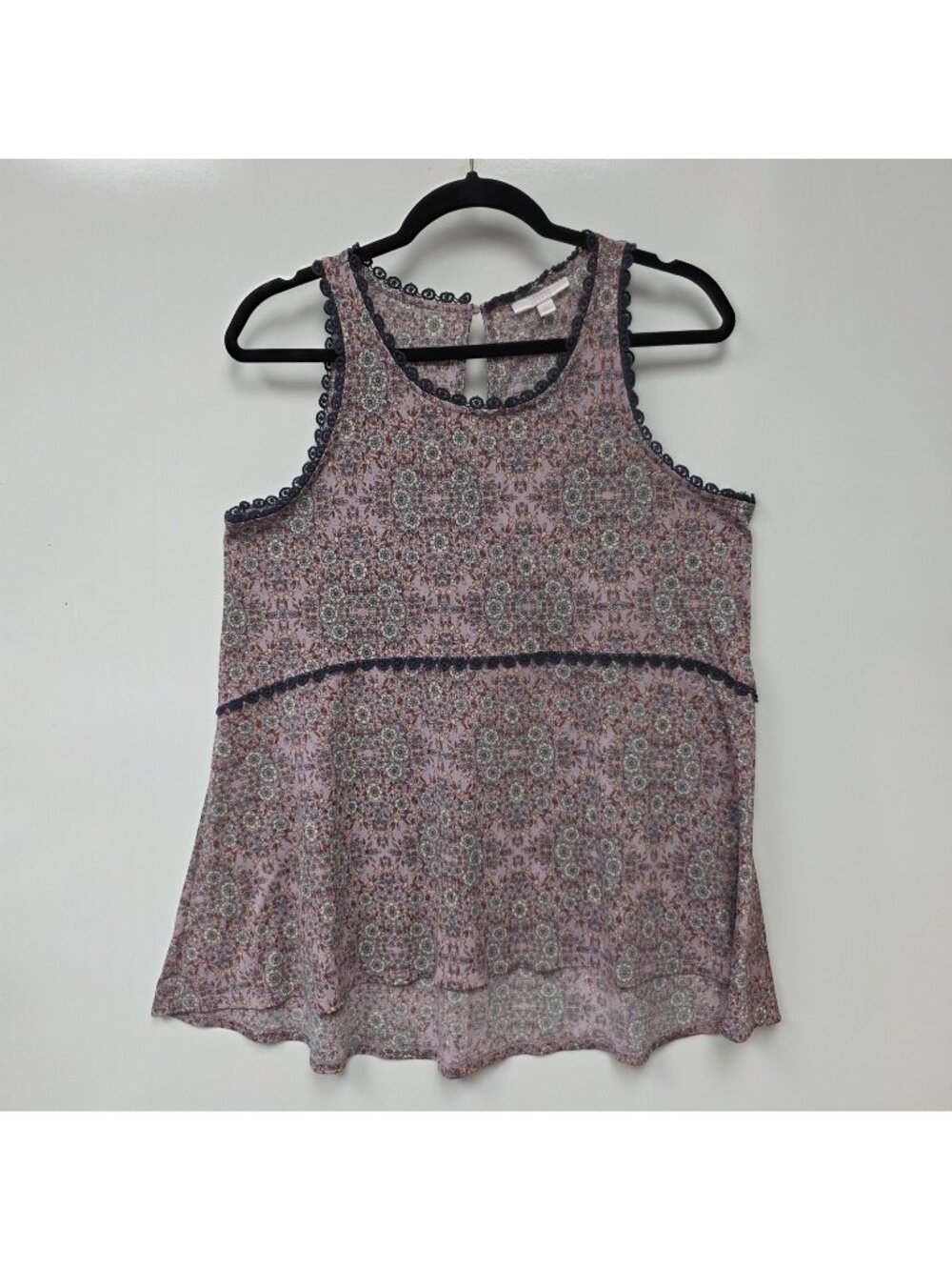 Lauren Conrad Tank Top Womens L Purple Floral Crochet Sleeveless Boho Tunic